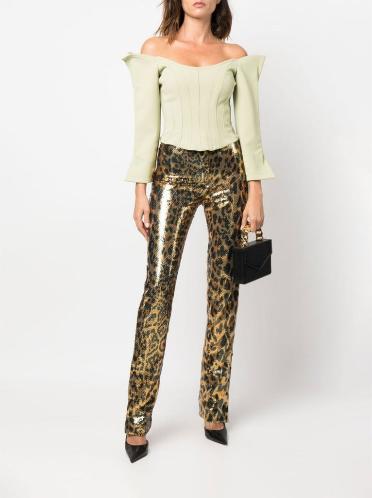 Neutral Leopard Print Sequinned Trousers