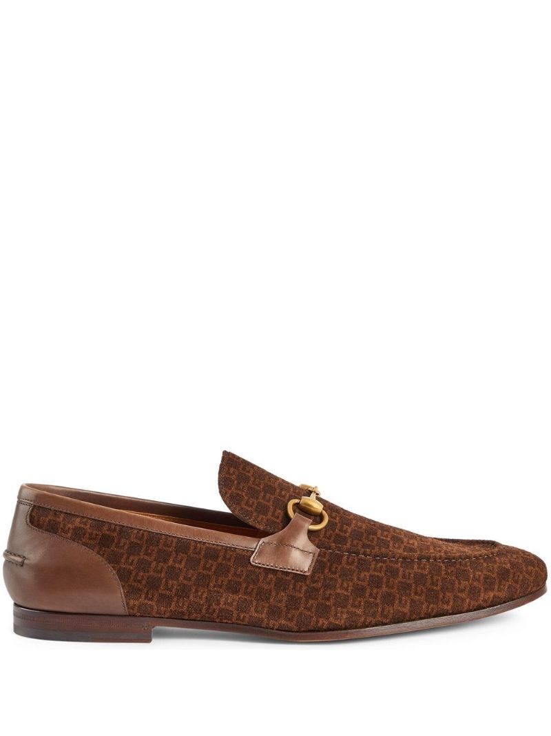 Brown Horsebit Monogram Suede Loafers