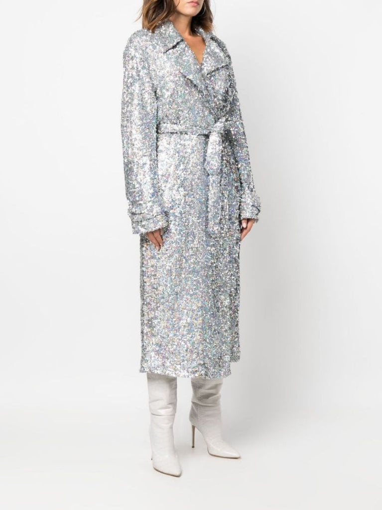 Silver Sequinned Belted Trench Coat