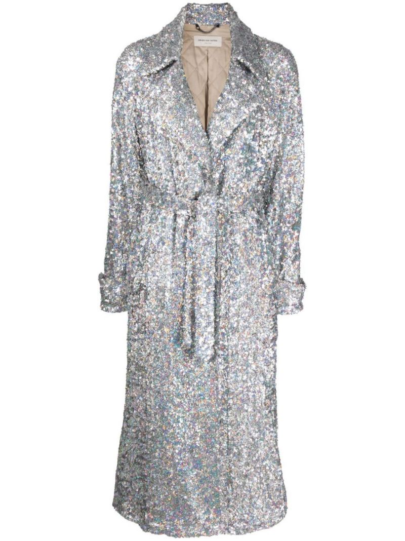 Silver Sequinned Belted Trench Coat