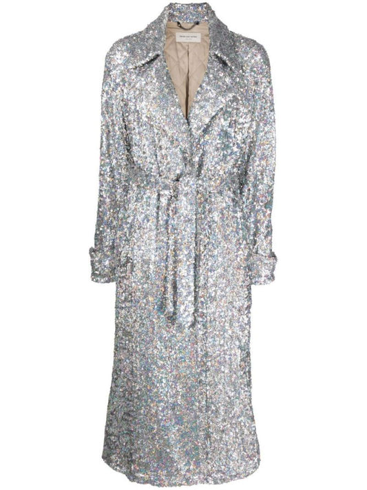 Silver Sequinned Belted Trench Coat