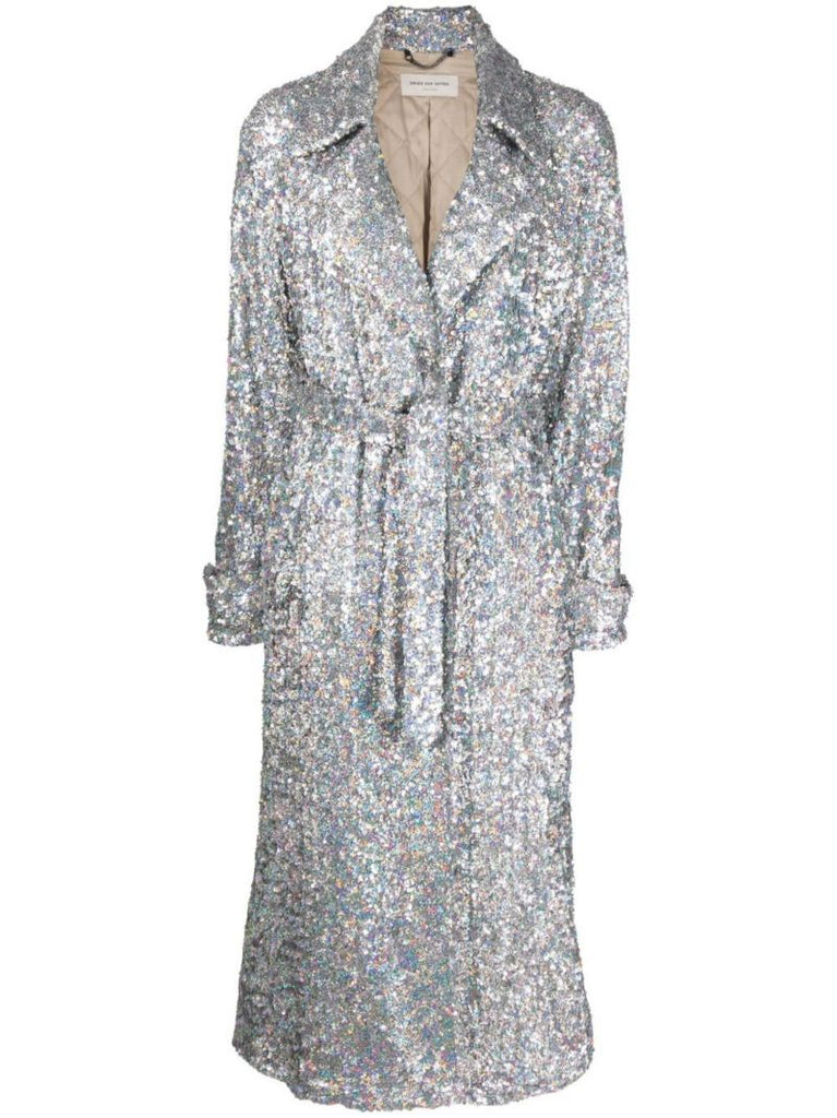 Silver Sequinned Belted Trench Coat