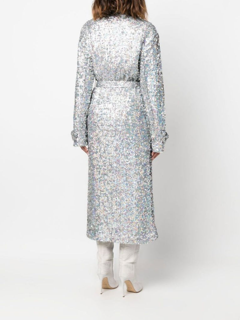 Silver Sequinned Belted Trench Coat