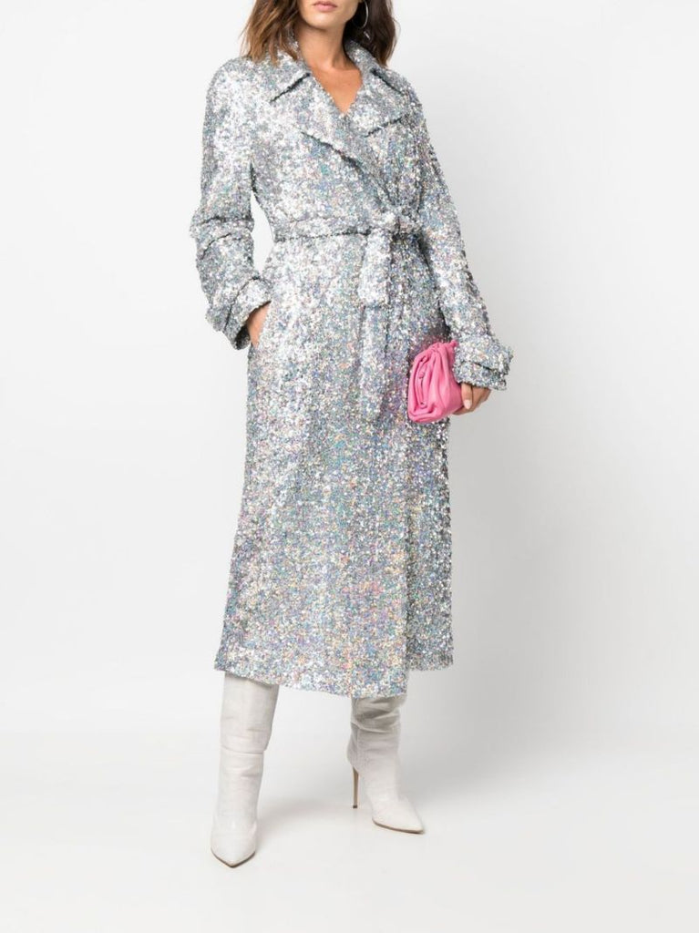 Silver Sequinned Belted Trench Coat