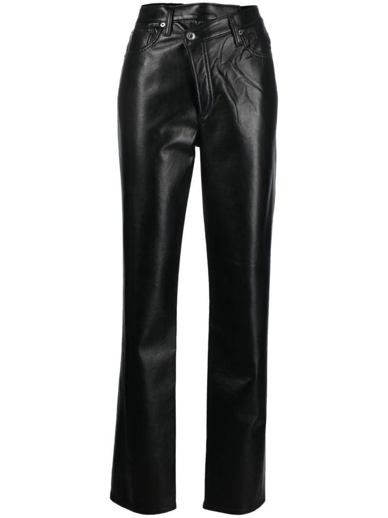 Black Criss-cross Straight Leather Trousers