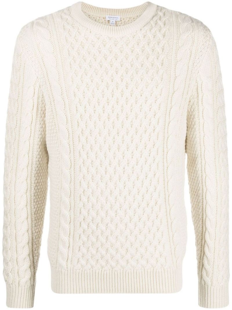 Neutral Aran Cable Knit Wool Sweater