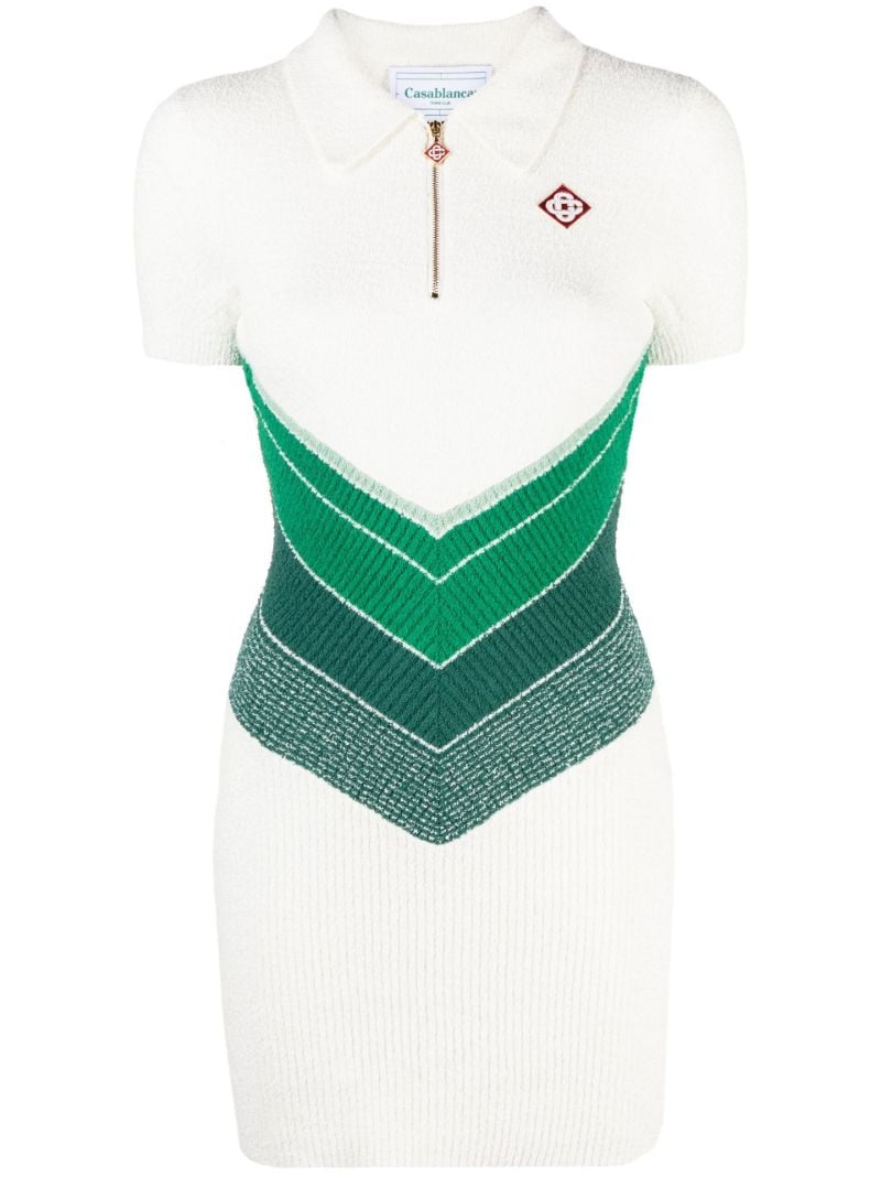 White Chevron Knitted Polo Mini Dress