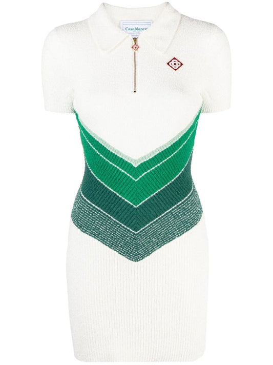 White Chevron Knitted Polo Mini Dress