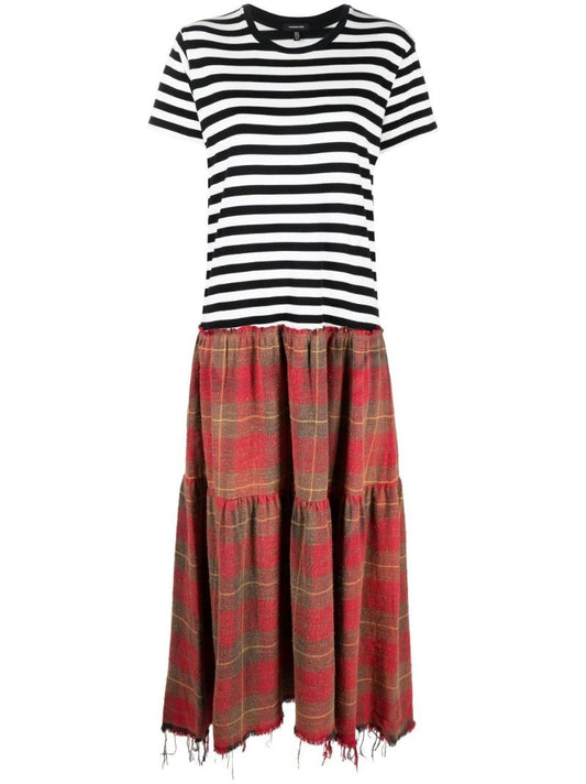 Red Stripe and Checked Cotton Maxi Dress