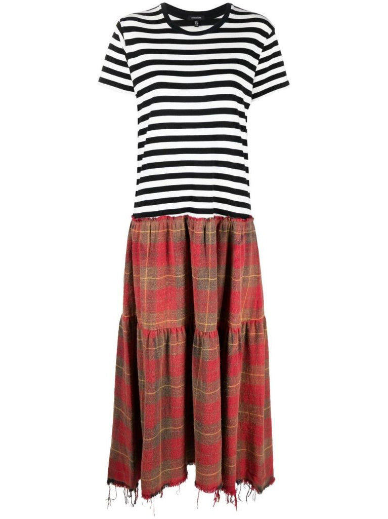 Red Stripe and Checked Cotton Maxi Dress