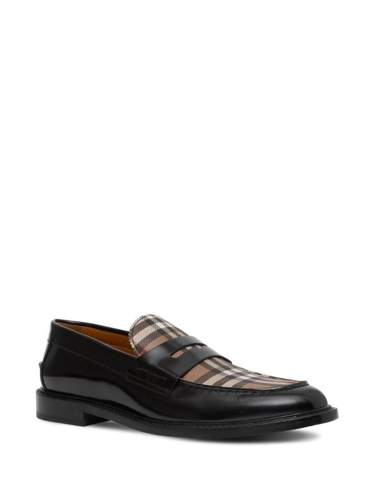 Black Vintage Check Panel Leather Loafers