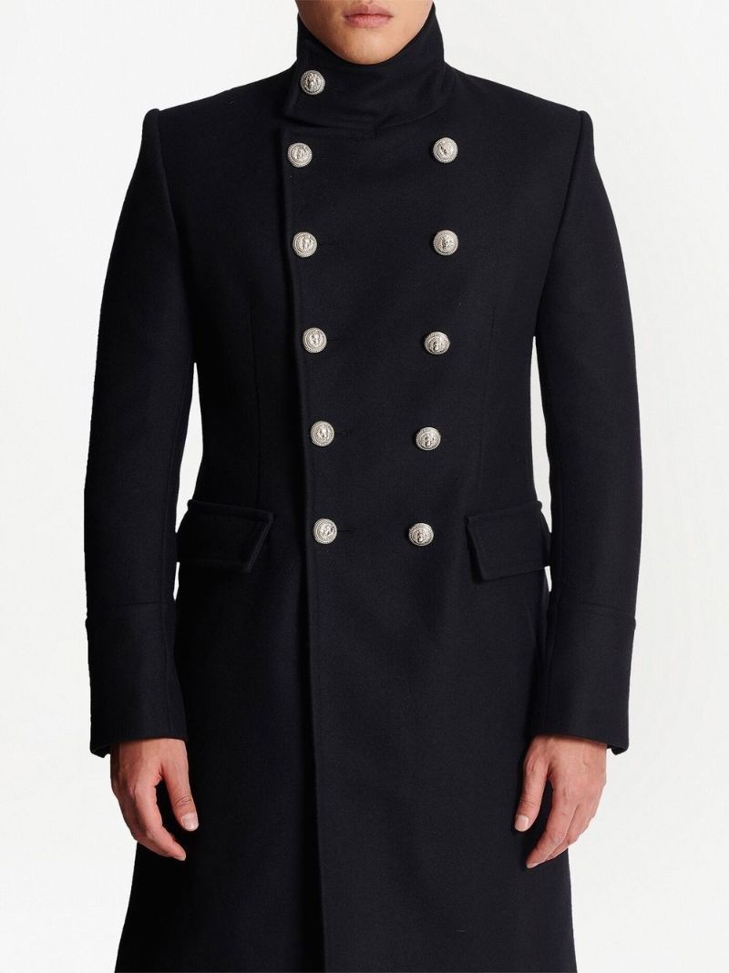 Black Military Double-breasted Wool Coat