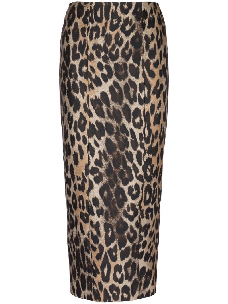Beige Leopard Zip-up Pencil Midi Skirt