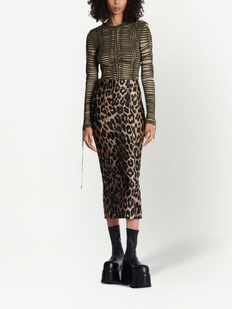 Beige Leopard Zip-up Pencil Midi Skirt