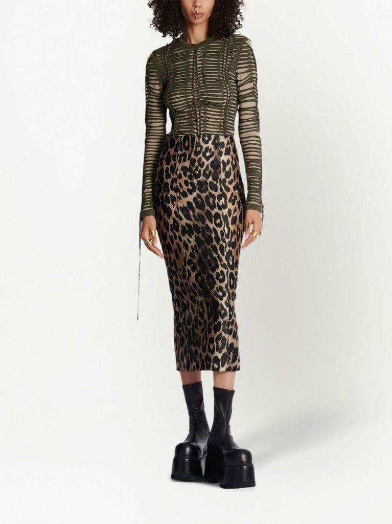 Beige Leopard Zip-up Pencil Midi Skirt