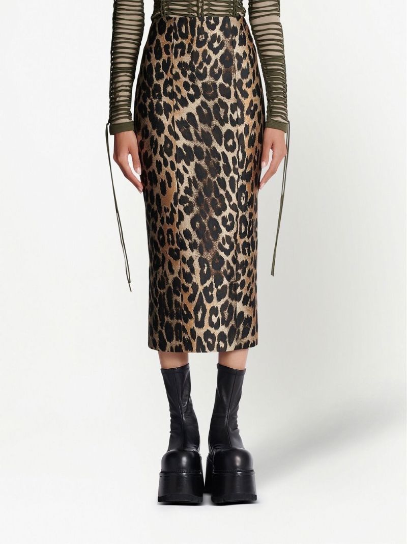 Beige Leopard Zip-up Pencil Midi Skirt