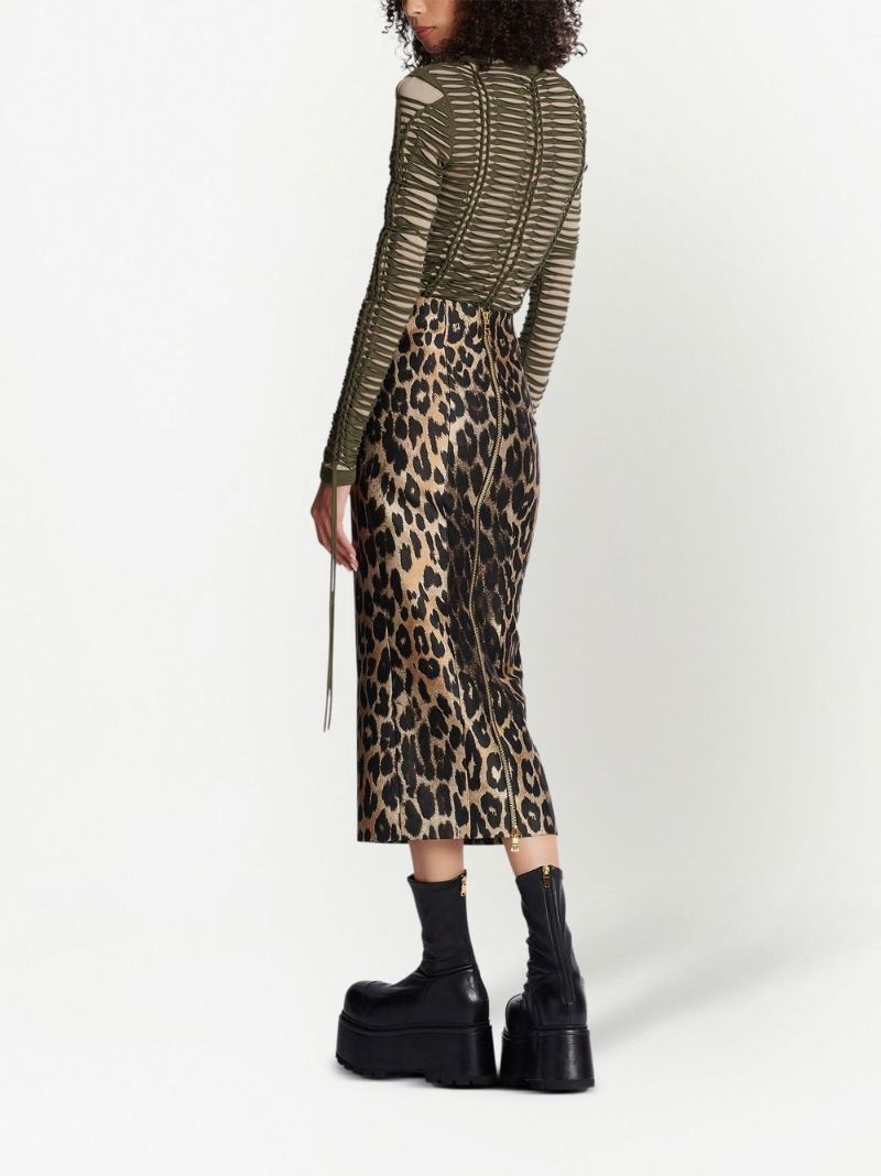 Beige Leopard Zip-up Pencil Midi Skirt