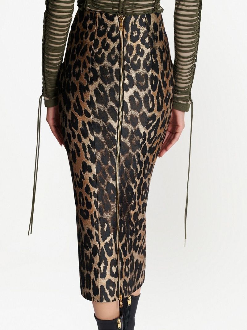 Beige Leopard Zip-up Pencil Midi Skirt