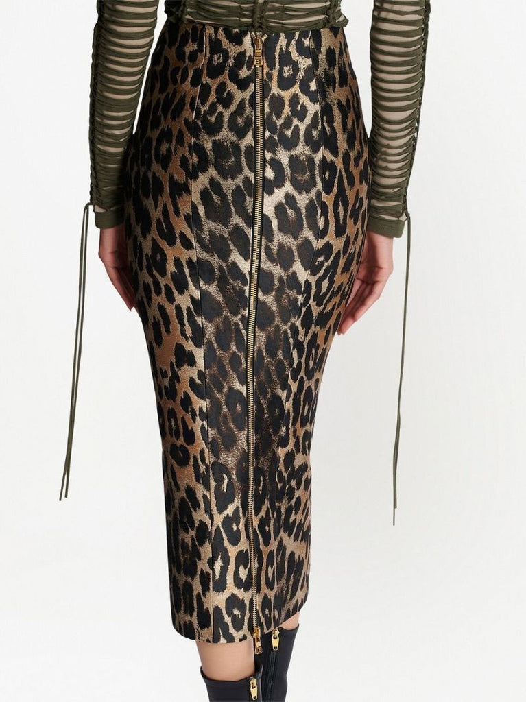 Beige Leopard Zip-up Pencil Midi Skirt