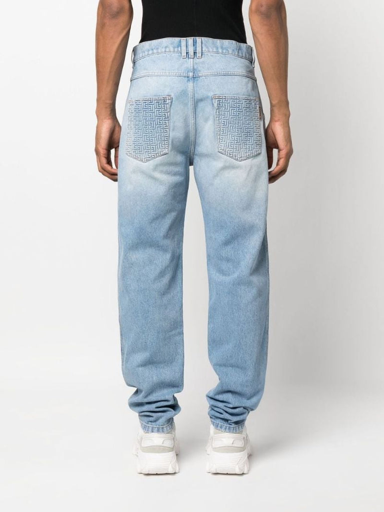 Blue Monogram Print Straight Leg Jeans