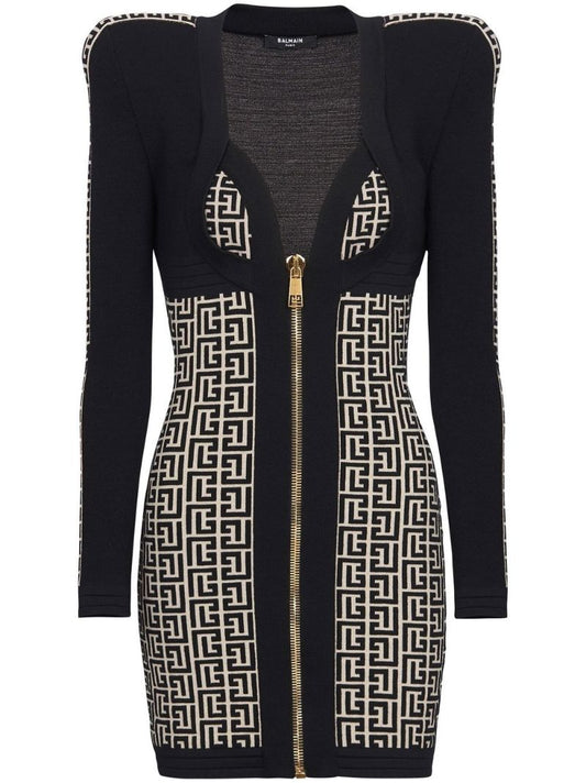 Black Monogram Pattern Mini Dress