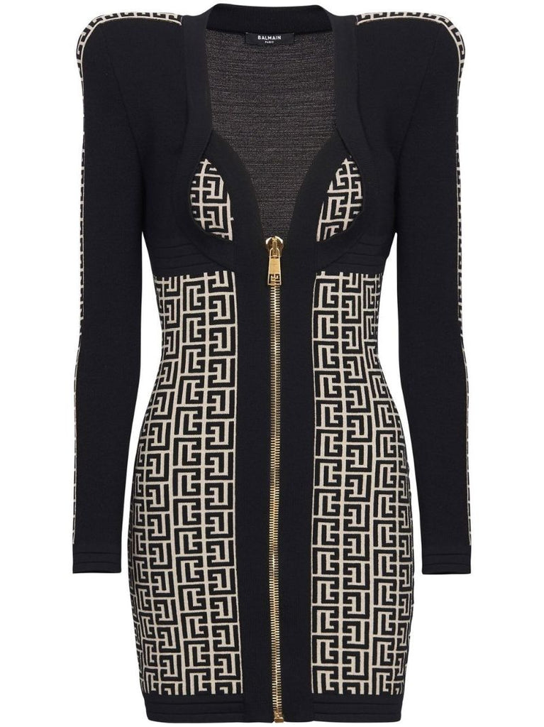 Black Monogram Pattern Mini Dress