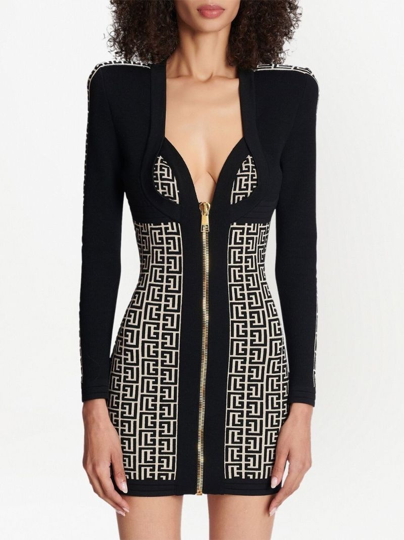 Black Monogram Pattern Mini Dress