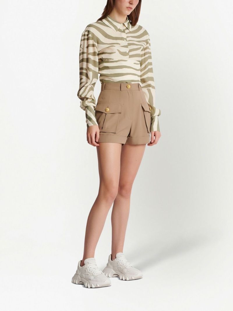Neutral High-waisted Wool Cargo Shorts
