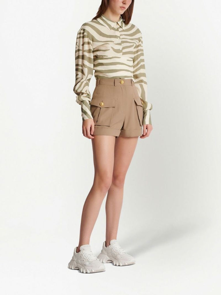 Neutral High-waisted Wool Cargo Shorts