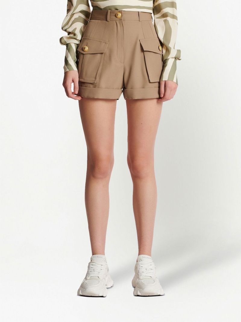 Neutral High-waisted Wool Cargo Shorts
