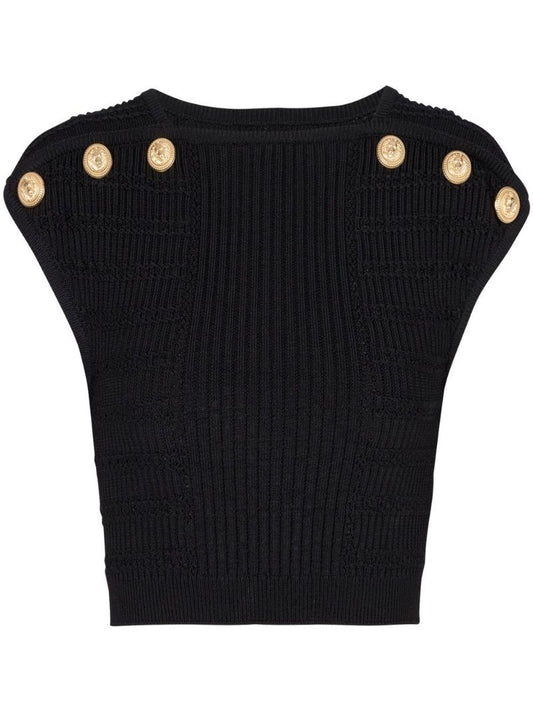 Black Button-embellished Crop Top