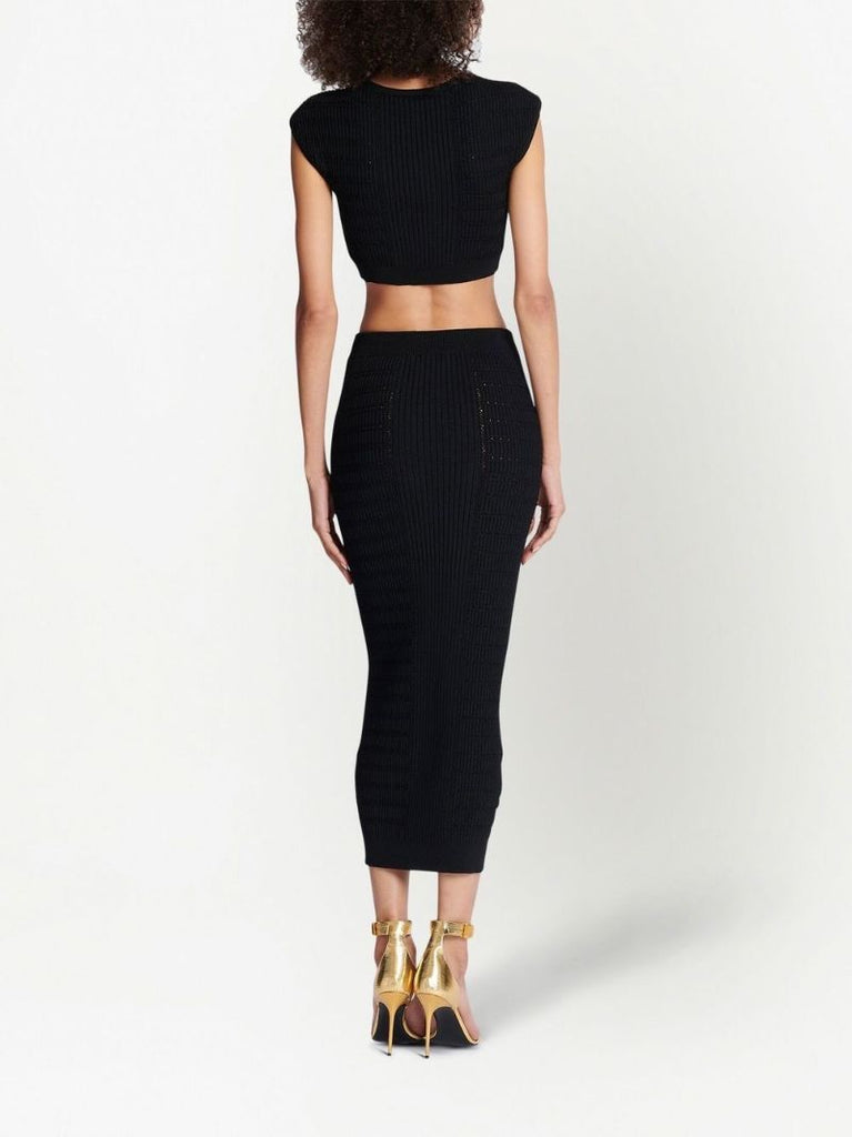Black Button-embellished Crop Top