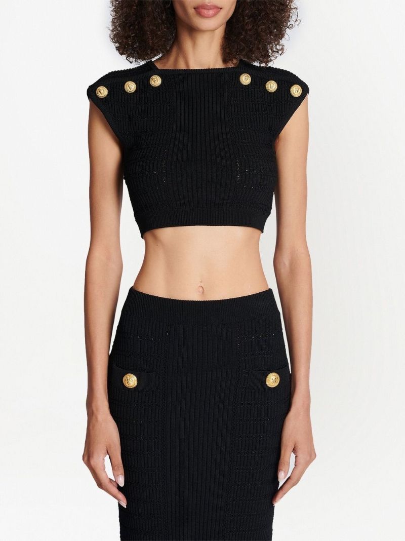 Black Button-embellished Crop Top