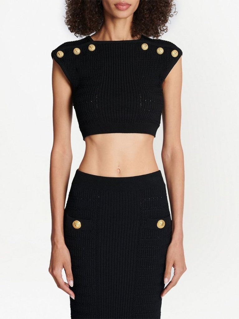 Black Button-embellished Crop Top