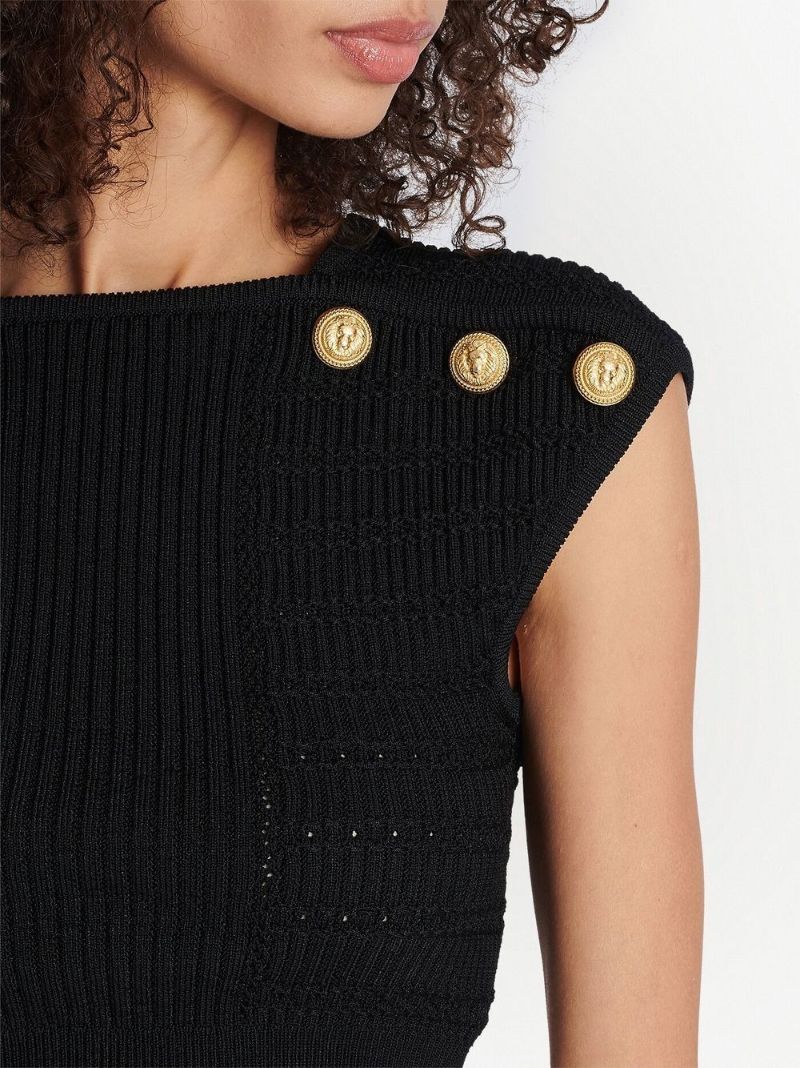 Black Button-embellished Crop Top