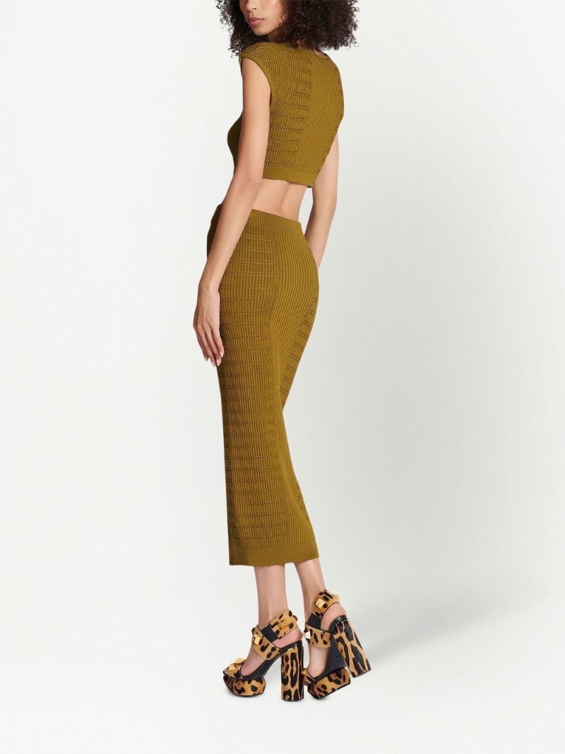 Green Ribbed-knit Pencil Skirt
