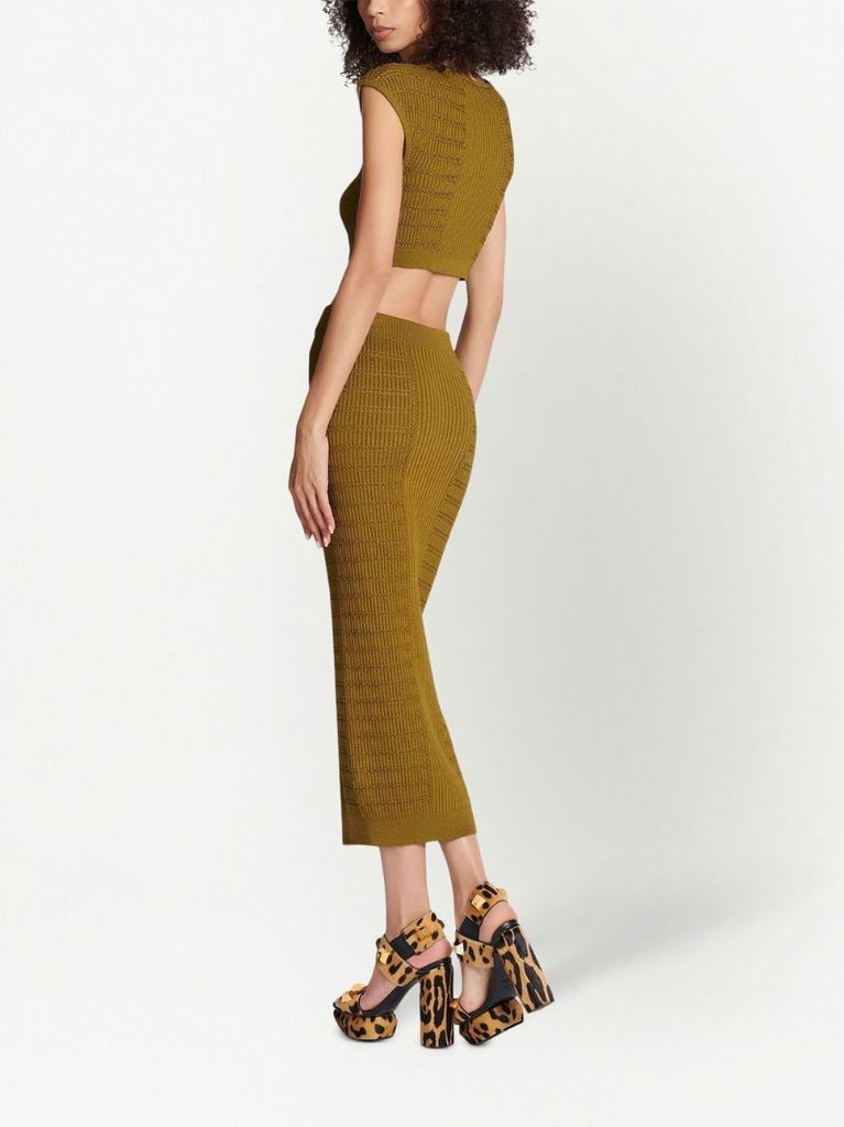 Green Ribbed-knit Pencil Skirt
