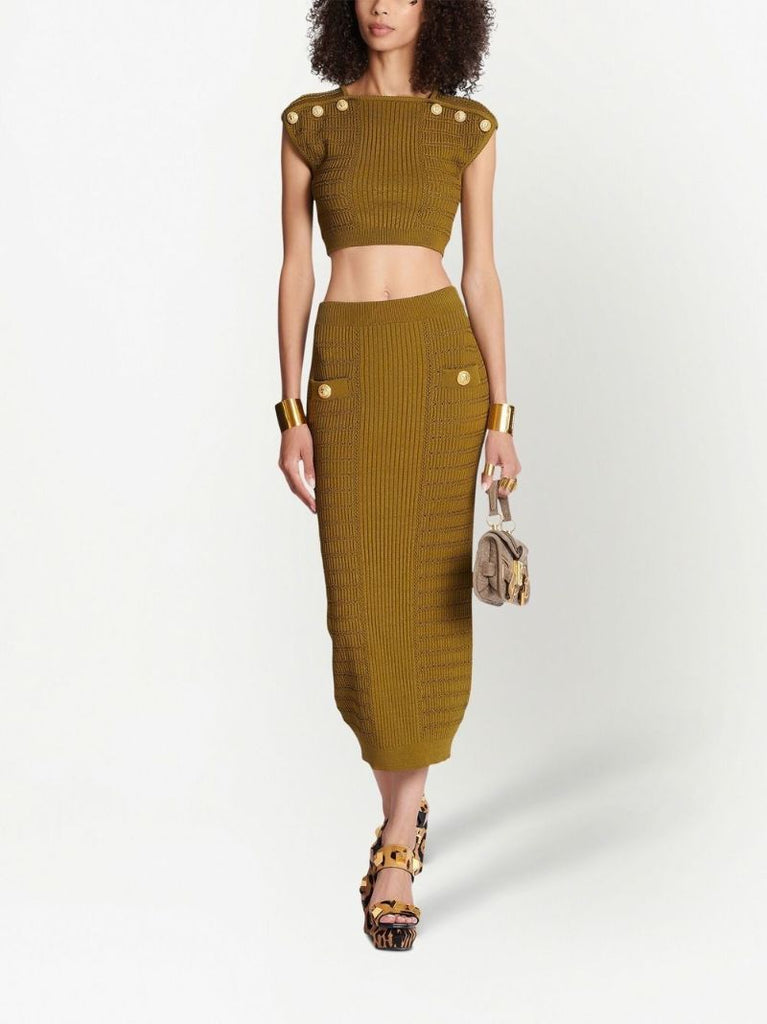 Green Ribbed-knit Pencil Skirt