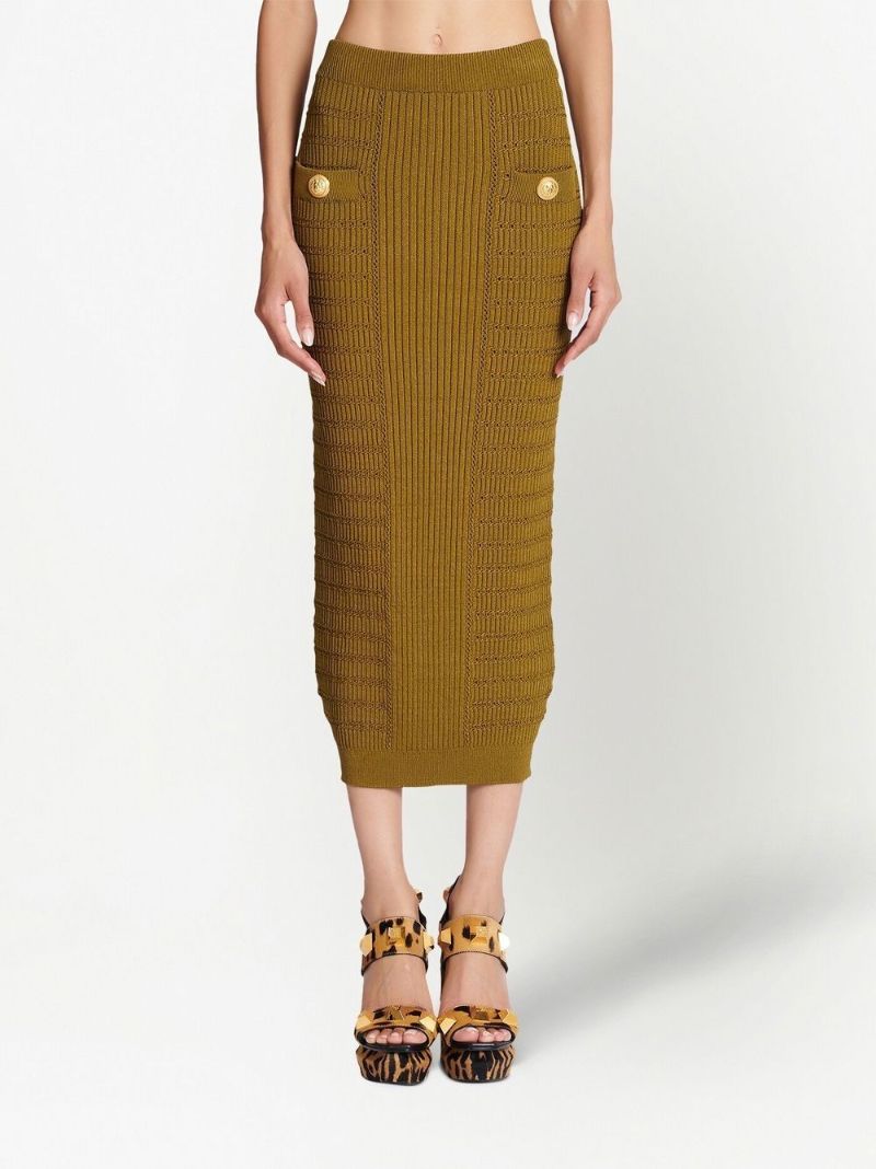 Green Ribbed-knit Pencil Skirt