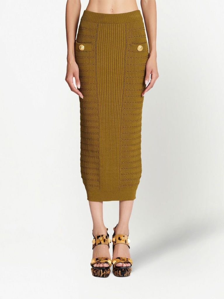 Green Ribbed-knit Pencil Skirt