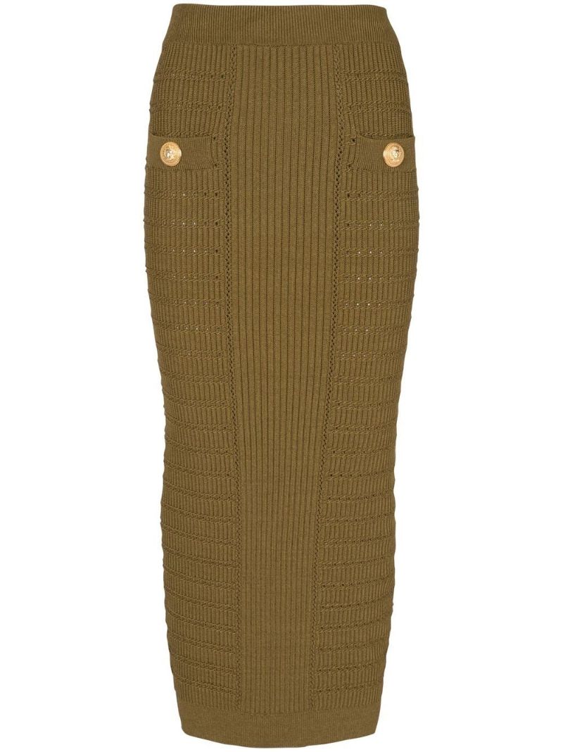 Green Ribbed-knit Pencil Skirt