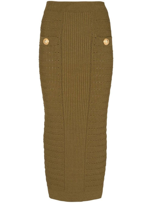 Green Ribbed-knit Pencil Skirt