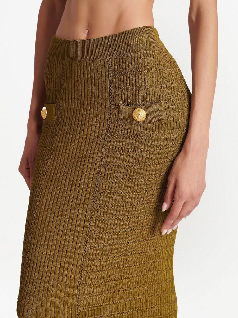 Green Ribbed-knit Pencil Skirt