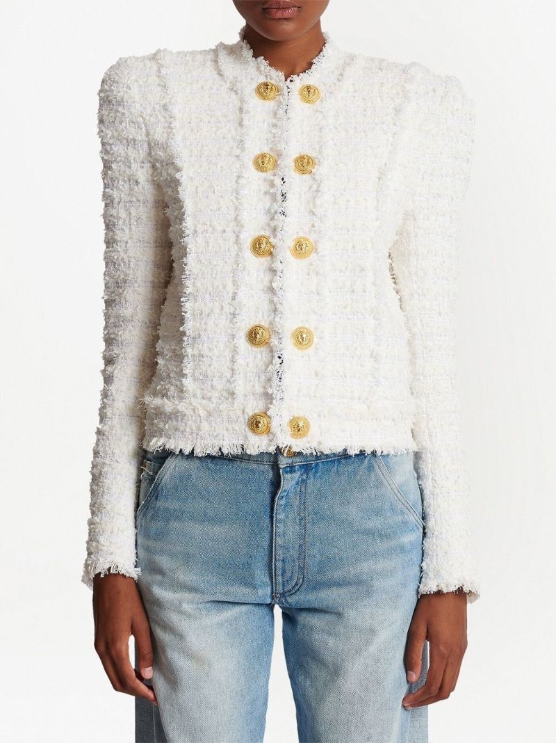 White BouclÃ_x0083_Â© Tweed Double-buttoned Jacket