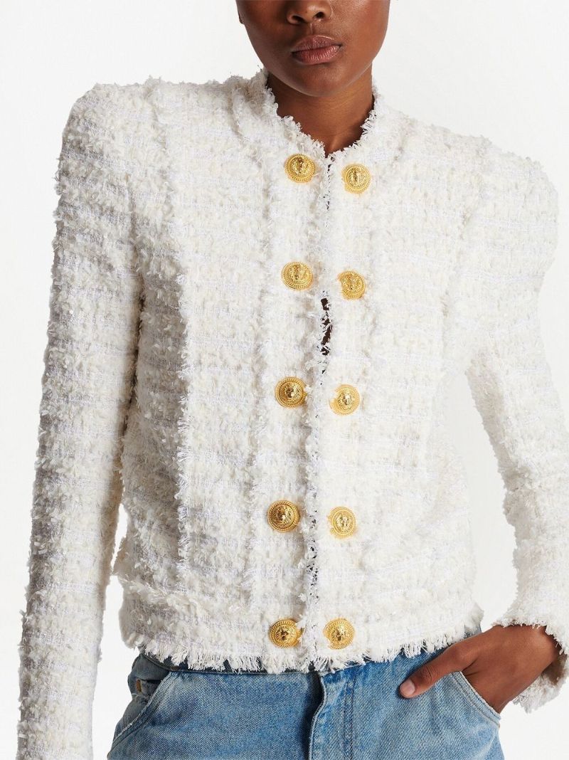White BouclÃ_x0083_Â© Tweed Double-buttoned Jacket