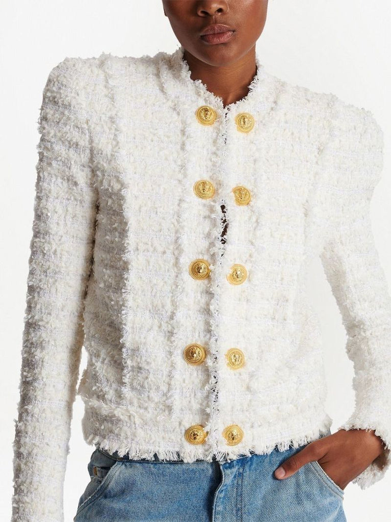 White BouclÃ_x0083_Â© Tweed Double-buttoned Jacket