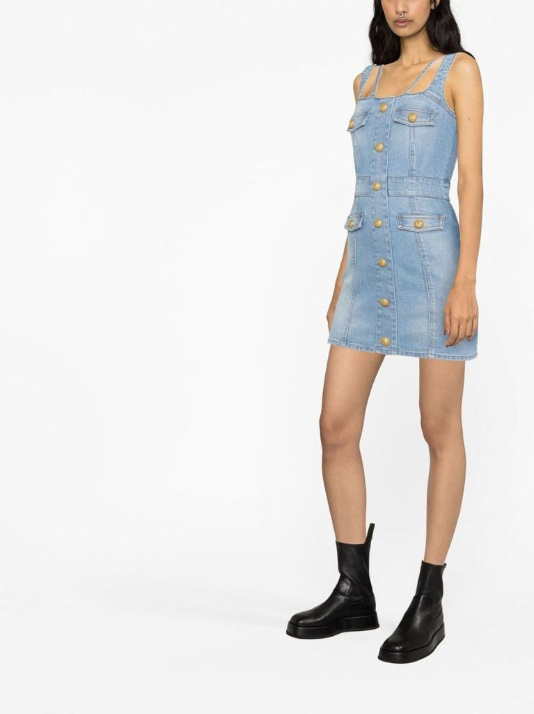Blue Button-embellished Denim Mini Dress