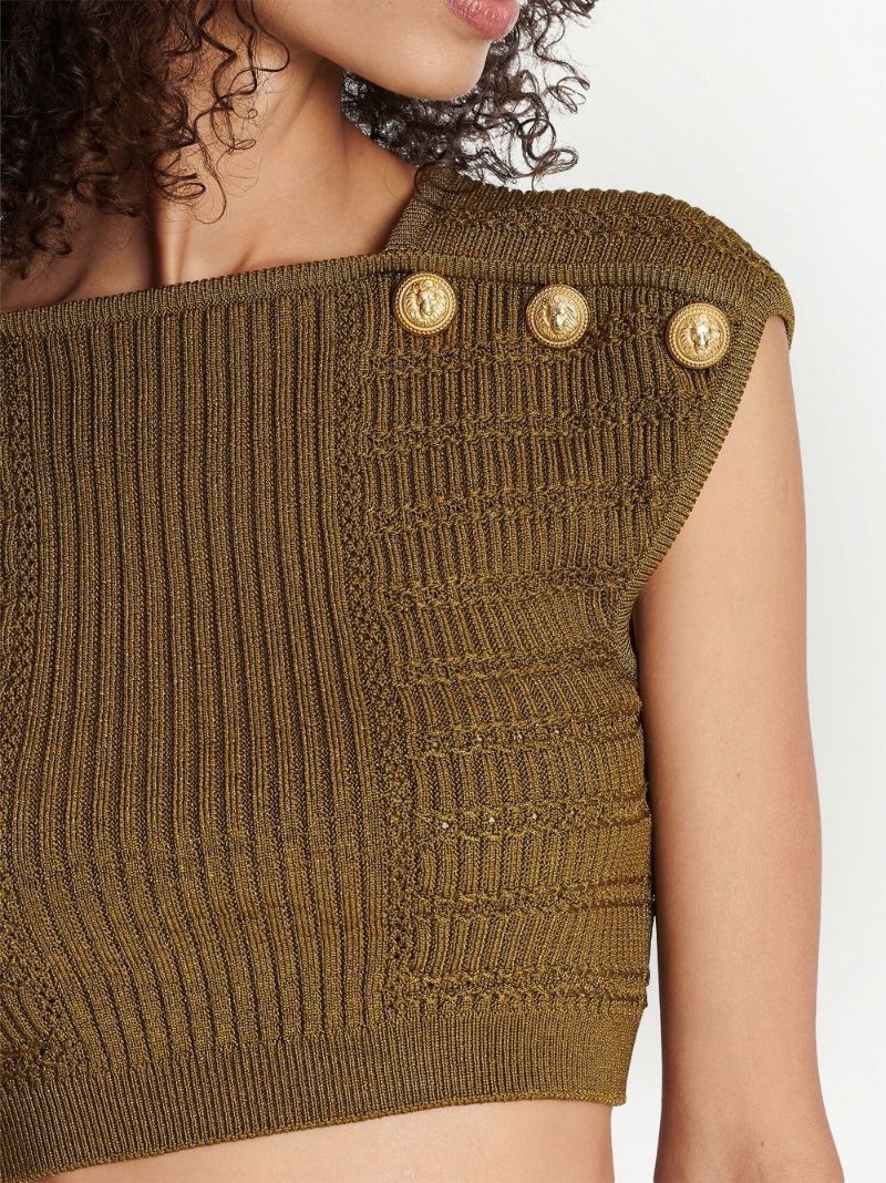 Green Textured Knit Crop Top
