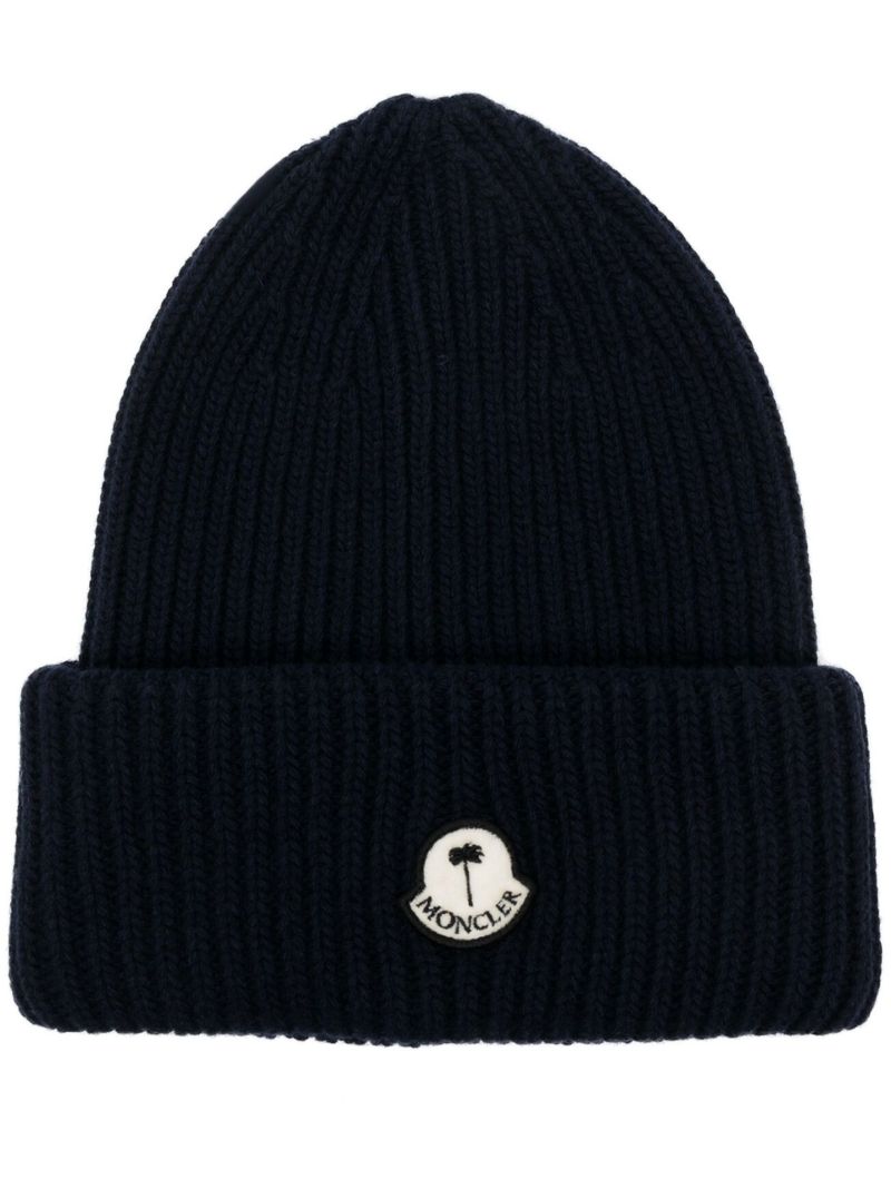 Blue Logo-patch Ribbed Knit Beanie