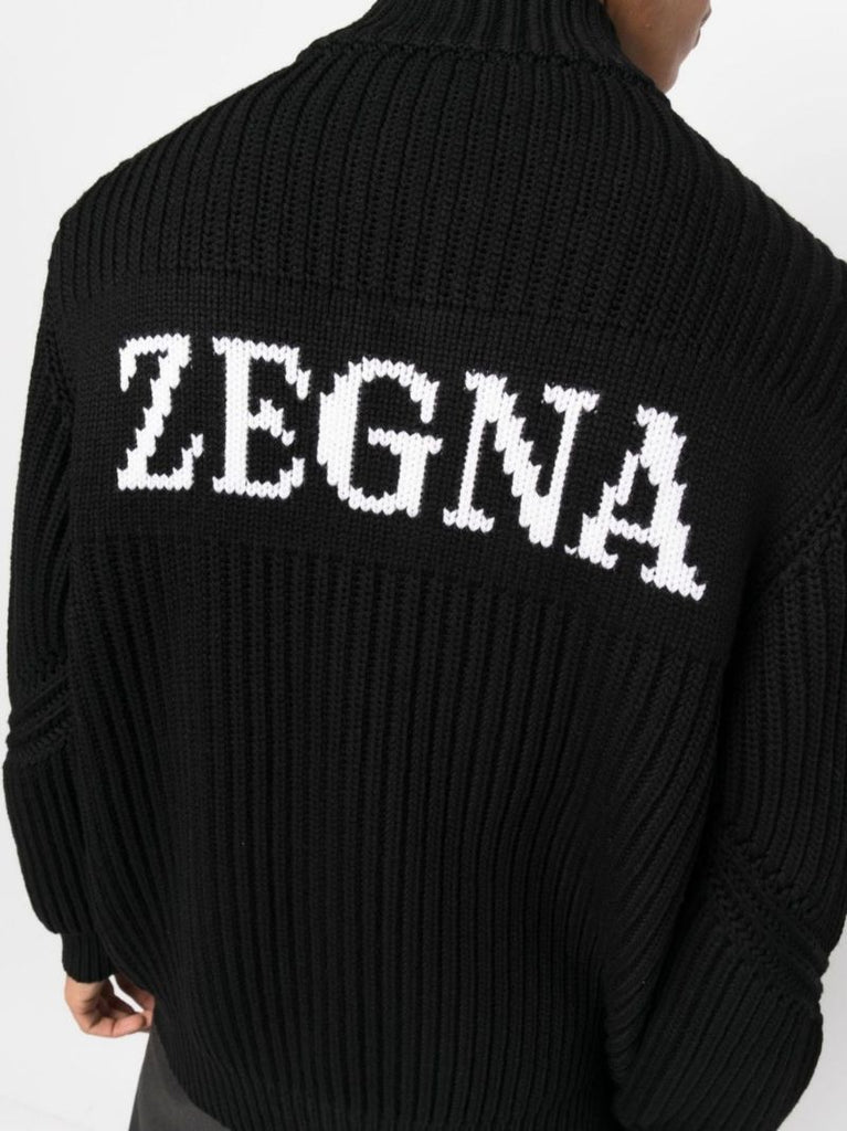 Black Logo Intarsia Zip-up Cardigan